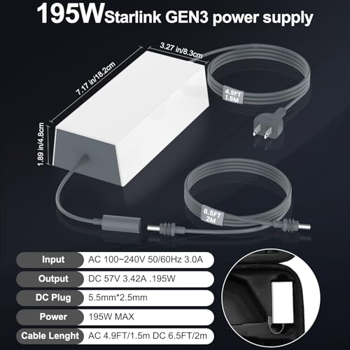 Starlink Gen 3 Power Supply, 195W Replacement AC Adapter 57V 3.45A Power Supply, with6.5FT Detachable DC Cable for Starlink Gen 3 Standard Kit by Ablian - Image 2
