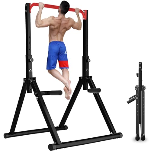 DOBESTS Power Tower Pull Up Bar Free Standing, Adjustable Foldable Pull Up Station, Home Gym Strength Training Equipment 700LBS(011, red)