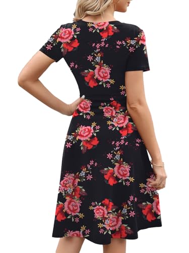 Image of Women's 2026 Fit and Flare Dress Summer Casual Elegant Vintage Floral Printed Work Party A-line Dress with Pockets 162