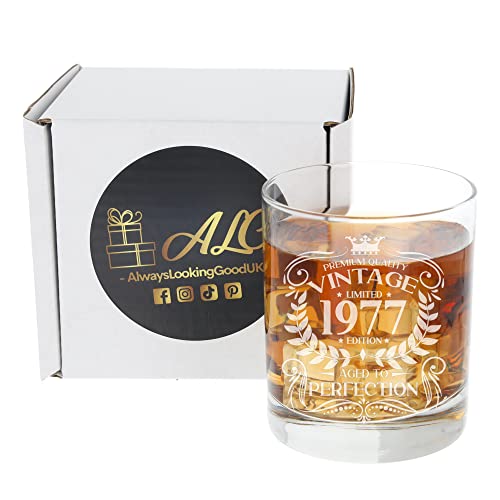 Always Looking Good 49th Birthday Gift for Men Vintage 1977 Aged to Perfection Engraved Whiskey Glass Present for 49 Year Old Etched Whisky Bourbon Scotch Lowball Tumbler Glasses - Image 2