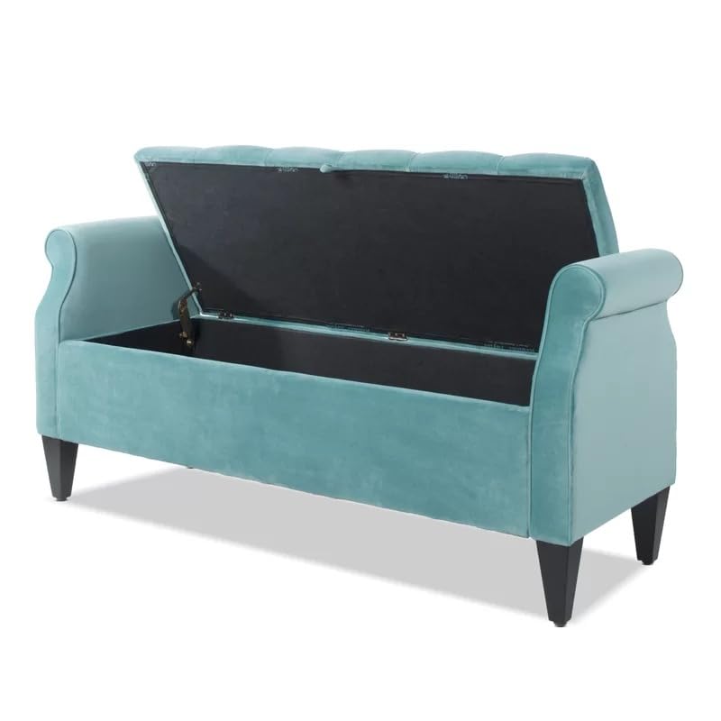 Image of Velvet Storage Ottoman Bench with Rolled Arms | Tufted Upholstered Sofa Bench with Hidden Storage | End of Bed Bench for Bedroom Living Room Entryway Seating | Modern Lounge Footrest Seat|Teal Green