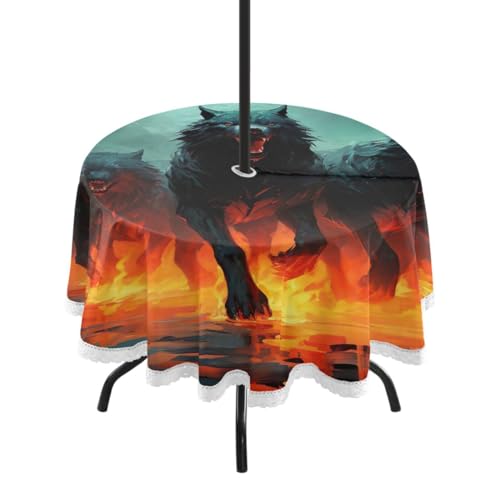 Wajiw 60 Inch Indoor Outdoor Round Tablecloth with Umbrella Hole and Zipper Waterproof Patio Table Cover for Camping Dining Room Party Outdoor Picnic,Wolf