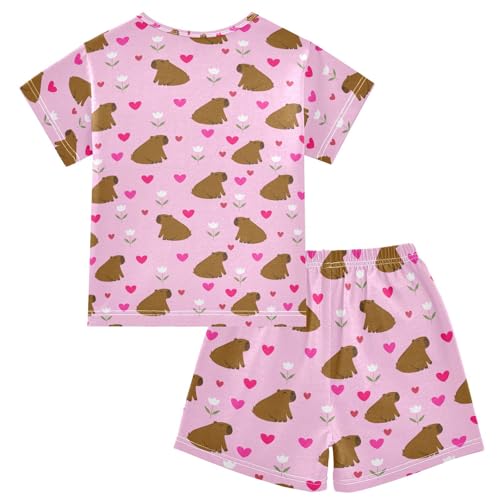 Capybara Heart Flower Pajama Set Short Sleeve PJS 2 Piece Summer Pajamas Shorts Sets Cotton 5Y2