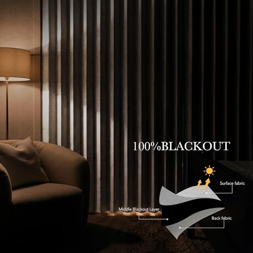 Image of RYB HOME Accordion Style Room Divider Curtain-100% Blackout Folding Accordion Curtain for Sliding Glass Door /Bedroom, Privacy Assurd Living Room /Office Drape 1 Panel with Tieback, W100 x L96, Beige