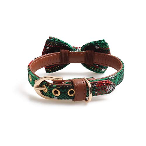 Wpond Dog Cat Collar and Bandana Set Pet Christmas Collar Classic Plaid Snowflake Adjustable Collars with Bow and Triangle Bibs Kerchief,Green Snowflake + Bandana