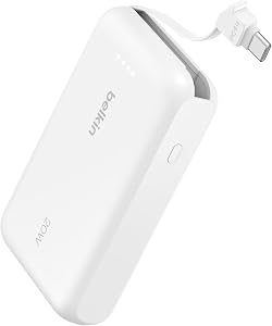 Belkin Power Bank, Portable Power Bank with Integrated Cable 10K PD 20W - Fast Charge USB-C Power Delivery, Portable iPhone Charger for iPhone 16 Series, iPad Pro, Galaxy S24, and More - White