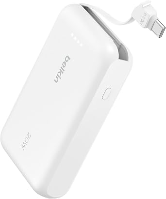 Belkin Portable Charger Power Bank USB C, 10000 mAh w/Integrated Cable, 20W Fast Charge USB-C Power Delivery, iPhone Charger, Apple iPhone 17, Air, Pro, Pro Max, iPad, Samsung Galaxy S25 - White