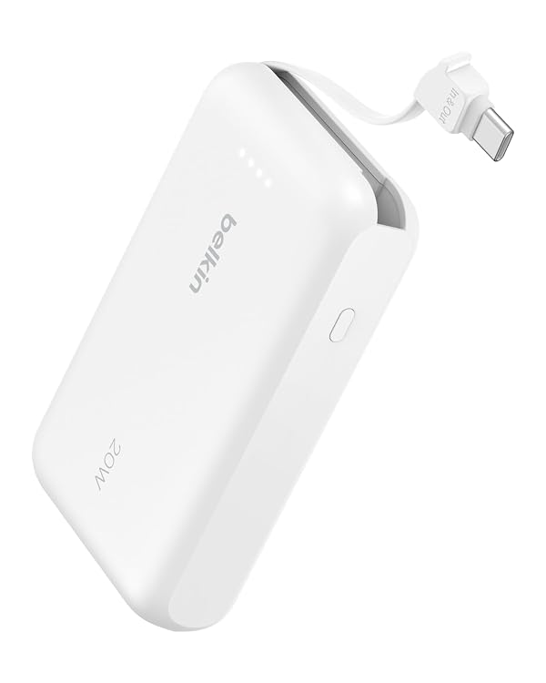 Belkin Portable Charger Power Bank USB C, 10000 mAh w/Integrated Cable, 20W Fast Charge USB-C Power Delivery, iPhone Charger, Apple iPhone 17, Air, Pro, Pro Max, iPad, Samsung Galaxy S25 - White by Belkin - Used condition - US$19.95