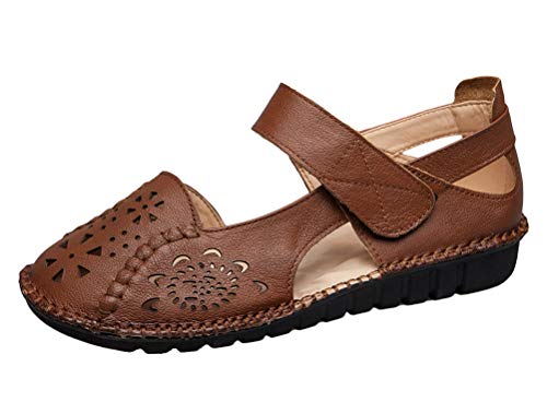 Mordenmiss Women's Hollow Out Sandals Vintage Hook Loop Handmade Mary Jane Flat Carving