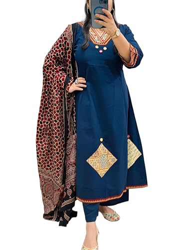 BHARVITA Women's Cotton Handwork Embroidered Straight Kurta with Pant And Dupatta Sets (IN, Alpha, M, Regular, BLUE)