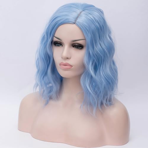 Image of BERON Blue Wigs for Women Girls Short Curly Wavy Hair Wig Light Blue Colored Halloween Cosplay Daily Party Wigs