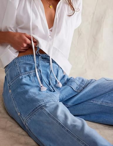 Women's Loose Cropped Barrel Jeans - Mid Rise, Boyfriend Fit, Light Blue Denim Pants4