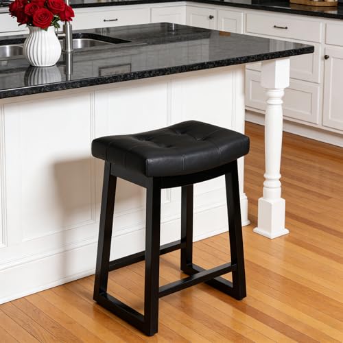 Image of 24 Inch Counter Height Bar Stool, Backless Upholstered Leather Bar Stool with Wood Legs, Modern Farmhouse Saddle Stool for Kitchen Island, Home Bar, Black