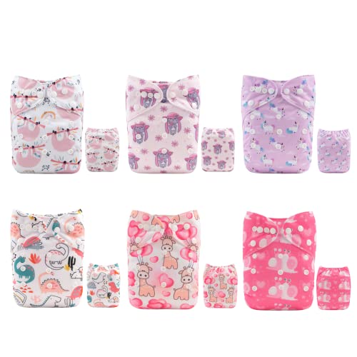 Image of ALVABABY Baby Cloth Diaper 6 Pack with 12 Inserts One Size Cloth Diaper Covers Adjustable Washable Reusable for Baby Girls and Boys