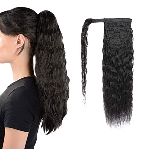Ponytail Extensions Human Hair Ponytail Natural Black Corn Wave Magic Paste Wavy Wrap Around Magic Paste Ponytail Wrap Around Pony Hair Extensions Remy Human Hair 18Inch 125g