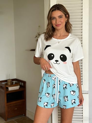 Image of VENTELAN Pajama Set For Women Cute PJS Summer Short Sleeve Shorts Sleepwear