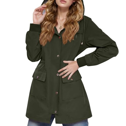 Chaquetas impermeables con capucha para mujer, estilo casual, color liso, 01#_Verde militar, XL