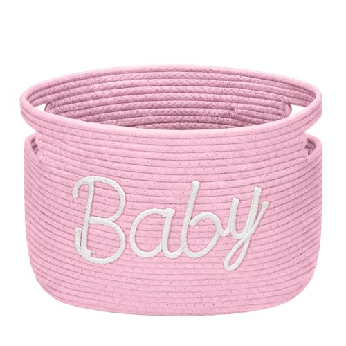 Meanplan Baby Shower Gifts Basket with Handles Large Baby Nursery Cotton Rope Basket Gifts Stuffers Storage for Newborn Room Storage, 15 x 10 x 9 Inch(Pink)