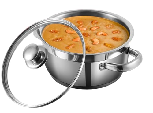 Vinod Bremen Stainless Steel Sauce Pot with Glass Lid - 1.5 Litre, 16 cm | 2.5mm Thick Base | Riveted Sturdy Handle | 2 Year Warranty | Induction and Gas Base - Silver