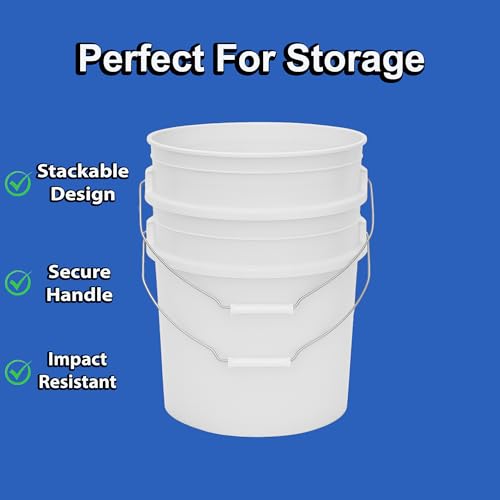 Image of 5 Gallon Bucket & Lid - All Purpose Pail - Made in USA - Food Grade - BPA Free (White, 3-Pack)