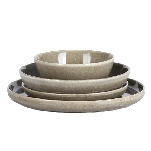Image of Gibson Elite Berea 16 Piece (Service for 4) Plates and Bowls Reactive Glaze Round Dishes Stoneware Ceramic Dinnerware Set -Taupe