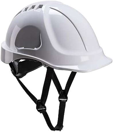 Portwest PS54 Endurance Plus Safety Hard Hat Head Protection ABS Shell EN 397 and EN 50365 Certified 6 Point Suspension Wheel Ratchet Adjustment 4-Point Chin Strap, White, One Size