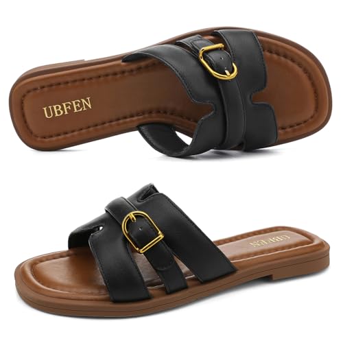 Image of UBFEN Womens Square Toe Flat Sandals Slides Dressy Comfortable for Beach