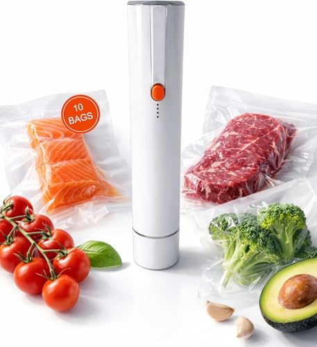 Envasadora al Vacío Portátil, Mini Máquina al Vacío de Alimentos, Envasadora de Mano con 10 Bolsas, Inalámbrica para Conservar Alimentos Frescos, Material ABS, Color Blanco