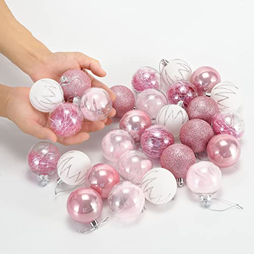 Chichic 2.36” 28Pcs Christmas Ornaments For Christmas Tree Decorations Christmas Ball Ornaments Christmas Tree Ornaments Sets Shatterproof Xmas Balls Bulbs For Christmas Decoration,Pink White #TOP5