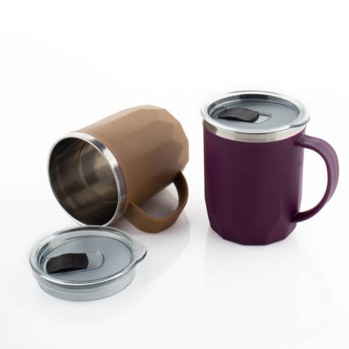 Image of MAGIC SPOON Stainless Steel Travel Coffee Mug with Sipper Lid & Handle, Insulated Tea Cup, BPA-Free Double Wall Tumbler for Hot-Cold Beverages, Office, Home,Car- BROWN-PURPLE, (Combo Pack (400ml X 2))