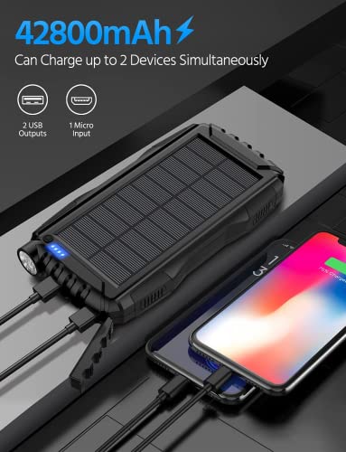 Solar Power Bank,Solar Charger,42800Mah Power Bank,Portable Charger,External Battery Pack 5V3.1A Qc 3.0 Fast Charging Built-In Super Bright Flashlight(Black) #TOP1