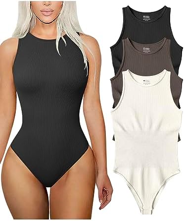 TOB Women’s 3 Piece Bodysuits Sexy Ribbed Sleeveless Halter Neck Shapewear Bodysuits