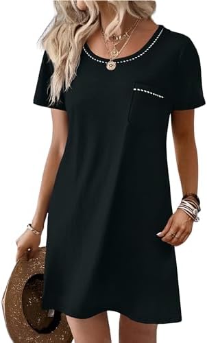 Ekouaer Womens Nightgown Cotton Nightshirts Short Sleeve Sleep Shirt with Chest Pocket Crewneck Nightdress S-XXL