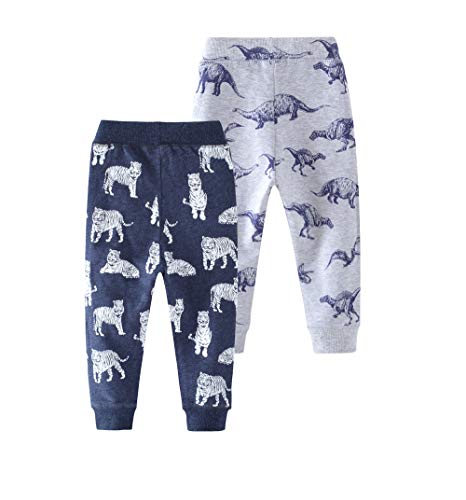 Image of HUAER& Baby Boy's Jogger Pants Dinosaur Car Animal Print Drawstring Elastic Sweatpants (1-Pack 2-Pack)