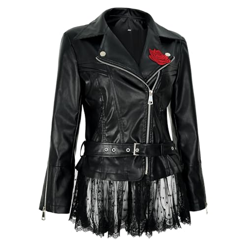 Women's faux leather lace moto jacket with Peplum rose vintage riding coat2