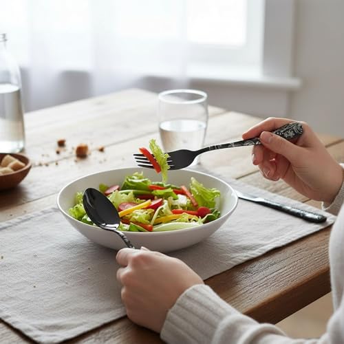 Image of 10 Pcs Black Floaral Stainless Steel Cutlery Set for Dining Table with Spoons and Forks Set + Butterknives - The Perfect Tableware /Flatware