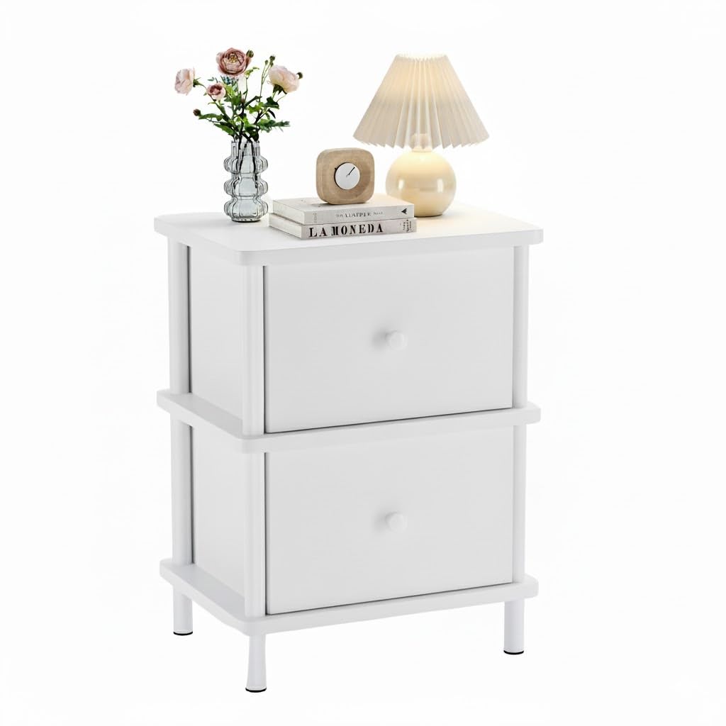 Apicizon Nightstand with 2 Storage Drawers, Boho Side Table with Solid Wood Legs, End Table for Small Spaces, Bedroom, Living Room, Entryway, White+White