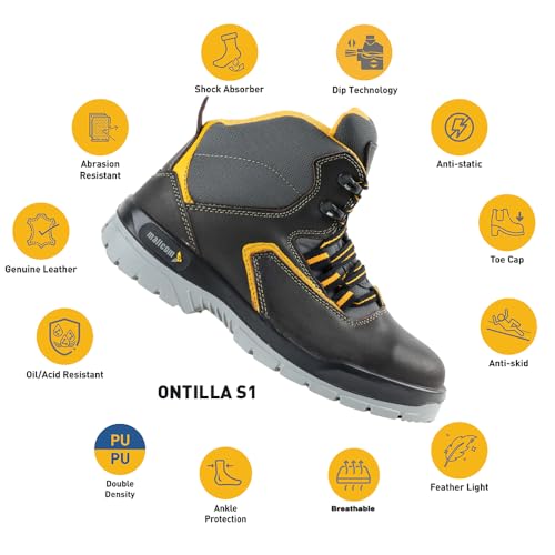 Image of Mallcom Ontilla Black Safety Shoes for Men, Brown Nubuck Suede Leather, High Ankle Safety Boot with Steel Toe, Injected Double Density PU Sole, Light Weight, Comfort & Slip Resistance, Size- 5UK-12UK