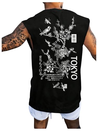 WDIRARA Men's Letter Floral Graphic Tank Top Crew Neck Sleeveless Summer T Shirts Black Large