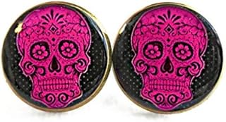 Brincos de crânio de açúcar rosa e preto, chiclete gótico macio grunge pastel crânio joia gótica crânio de açúcar, joia de Halloween assustadora