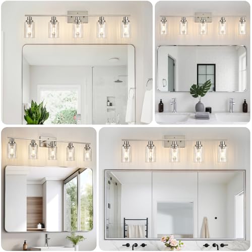 Image of Jonsi Nickel 5-Light Bathroom Vanity Light with Glass Shade, Modern Nickel Bathroom Lights Over Mirror, W 40.2 x H 10.7 inches