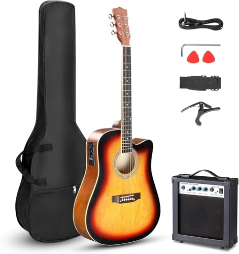 LALAHO Full-Size Electro Acoustic Guitar with 10W Amp for Beginners Sunset