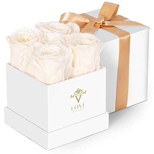 Vlove® Forever Preserved Roses In A Box | Real, Long Lasting Roses That Last Over A Year | Handcrafted Eternal Preserved Flowers | Perfect Valentines Day Gifts For Her | White Box With 4 White Roses #TOP30
