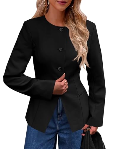 Cicy Bell Womens Business Casual Fitted Blazers Collarless Split Hem Work Office Button Down Suit Jackets
