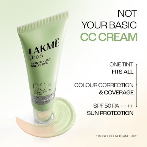 Image of LAKME 9to5 CC+ Matcha Green Cream, 18 g, for Naturally Radiant Skin, with 3% Niacinamide & Antioxidants, SPF 50 PA+++, Smooth Breathable Finish, for Women