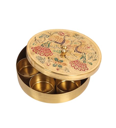 Image of Two Moustaches 6 Inches Twin Peacock Carved Brass Spices Box Set, Brass Masala Box for Kitchen, Housewarming Gifts, 7 Containers & 1 Spoon, Multicolored, Pack of 1