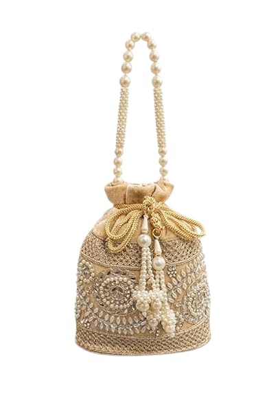 Luxury Velvet Potli Bag for Women Handcrafted Pearl & Zari Embroidered Bridal Potli Pouch with Drawstring Tassels Ethnic Wedding Evening Clutch Party Gift Bag-golden-image-47