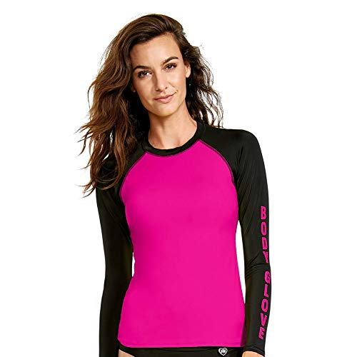 Body Glove Women's Push It Long Sleeve Rashguard with UPF 50+ Sun Protection, 80's Throwback Flamingo Pink, Large