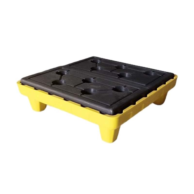 Palé apilable de polietileno para bidones de aceite y cubos de pintura, plataforma de almacenamiento modular desmontable para garaje industrial, 1 unidad, color amarillo (65 x 65 x 17 cm)