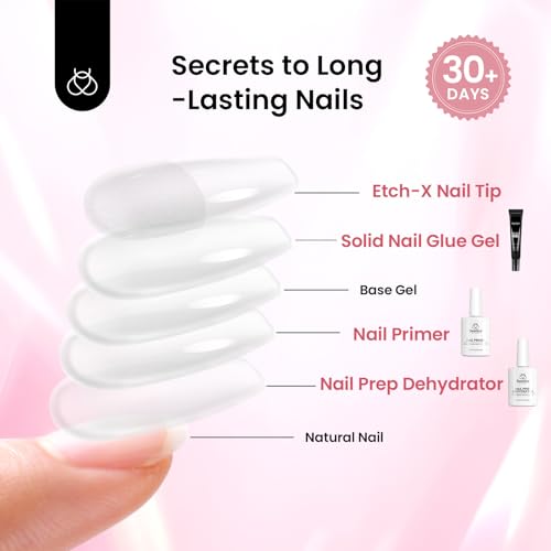 Image of Beetles Gel Nail Kit Short Almond, with Dehydrator and Primer, 576Pcs Half Matte Etch-X Gel Nail Tips Solid Nail Glue Mini Lamp Acrylic Tips Easy DIY Extension Set Gift for Women